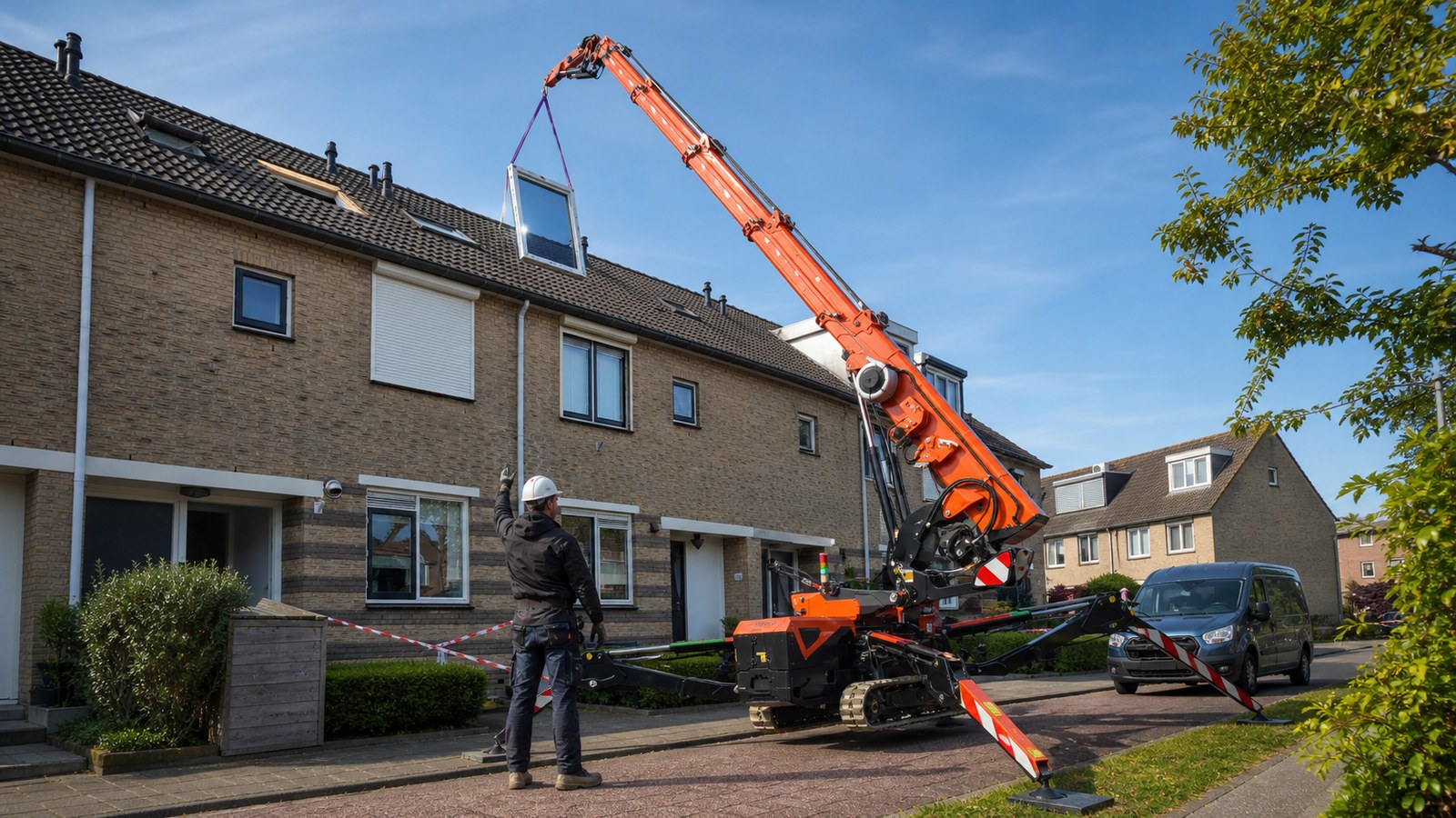 VeMa Hijswerken in actie - dakraam wordt geplaatst met de Jekko-compactkraan in Papendrecht